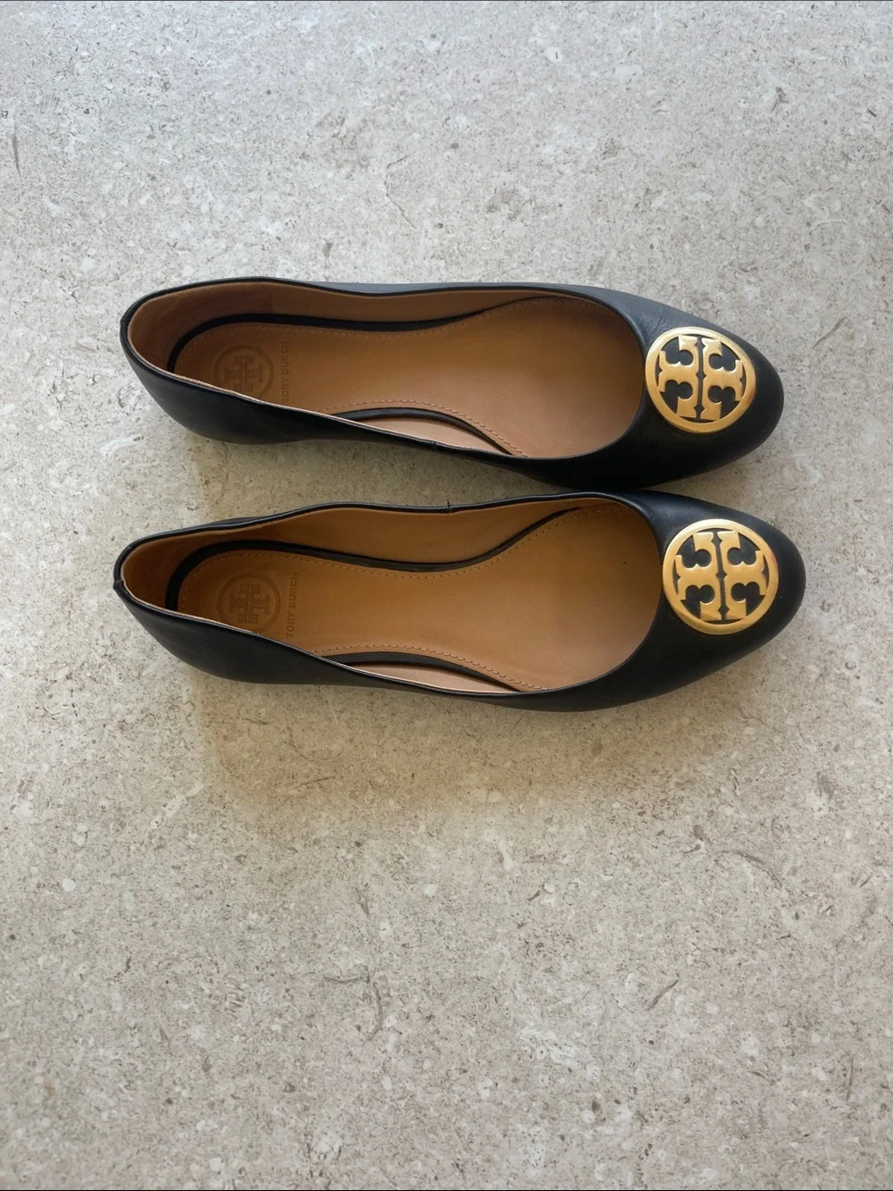 Tory Burch Black Leather Flats with Gold Logo Medallion